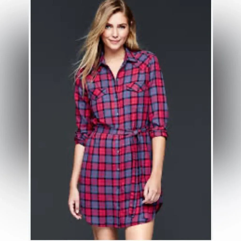 Gap Women’s Red Blue Flannel Western Shirtdress Long Sleeve Mini Dress Size XS